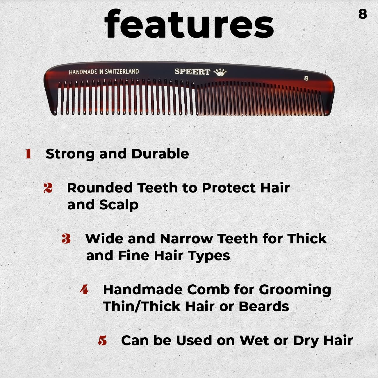 #8 Handmade Wide Narrow Tooth Comb Tortoise Havana Acetate Thick Coarse Curly Thin Fine Straight Hair Detangling Parting Grooming Teasing Styling Hairdresser Barber Hairdressing Wet Dry Pocket