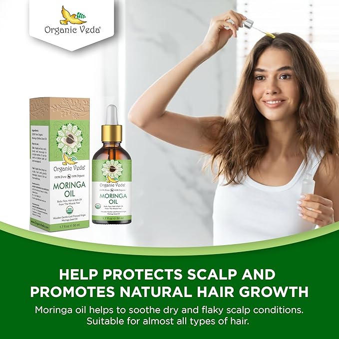 Organic Veda Moringa Oil Virgin 100% Pure & USDA Organic - Multi Purpose, Face, Hair & Skin, Nails, Fast Absorbing, Moisturizing & Beautifying - The Miracle Tree Moringa Oleifera Seed Oil, 1.7 fl.oz
