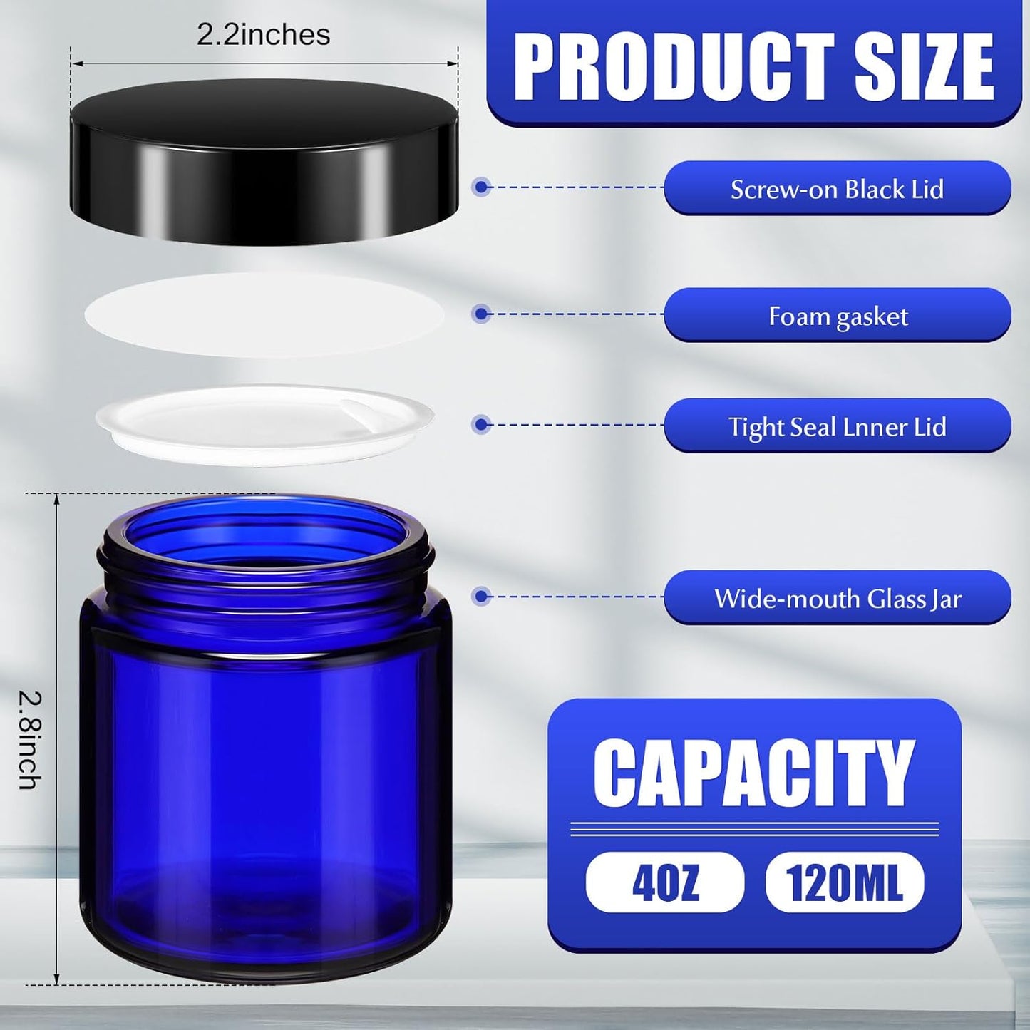 Norme 12 Pcs 4 oz Glass Jars with Lids Leakproof Round Airtight Empty Cosmetic Jars with Inner Liners Lid for Storing Lotions Powder Ointments Candle Making Tins (Blue,Black)