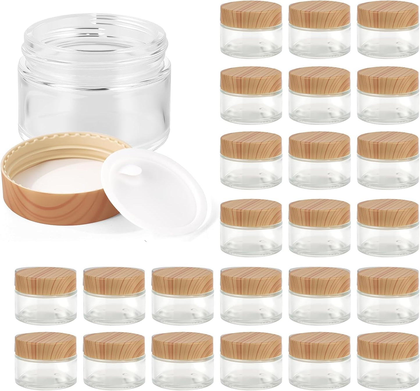 1oz Glass Jar with Lid, Hoa Kinh 25Pack Clear Round Containers Cosmetic with Inner Liners and Woodgrain Lids Travel Jars for Storing Lip and Body Scrub, Lotion, Body Butter, Bath Salts, Liquid