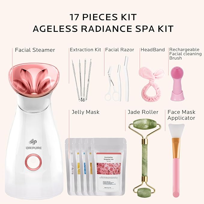 Facial Steamer Self-Care Gift Kit: Nano Ionic Face Steamer Deep Cleaning Unclogs Pores - Humidifier Hot Mist Spa Gifts for Women with 17 Skin Care Tools (Ageless Radiance Spa Kit)