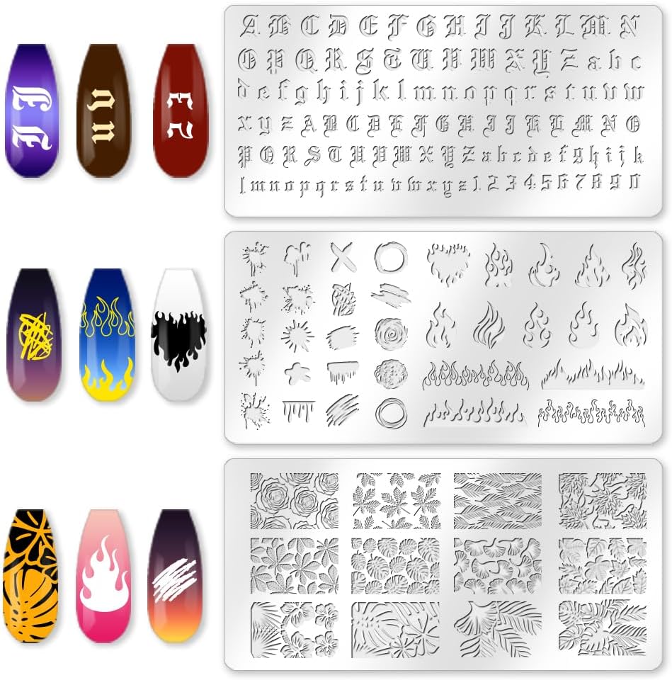 3Pcs Flame Nail Stamping Plate Letter Number Leaves Nail Stamp Templates Nail Art Stamp Plates Image Plate Stainless Steel DIY Reusable Tools with Stamper Scraper for Manicure Printing