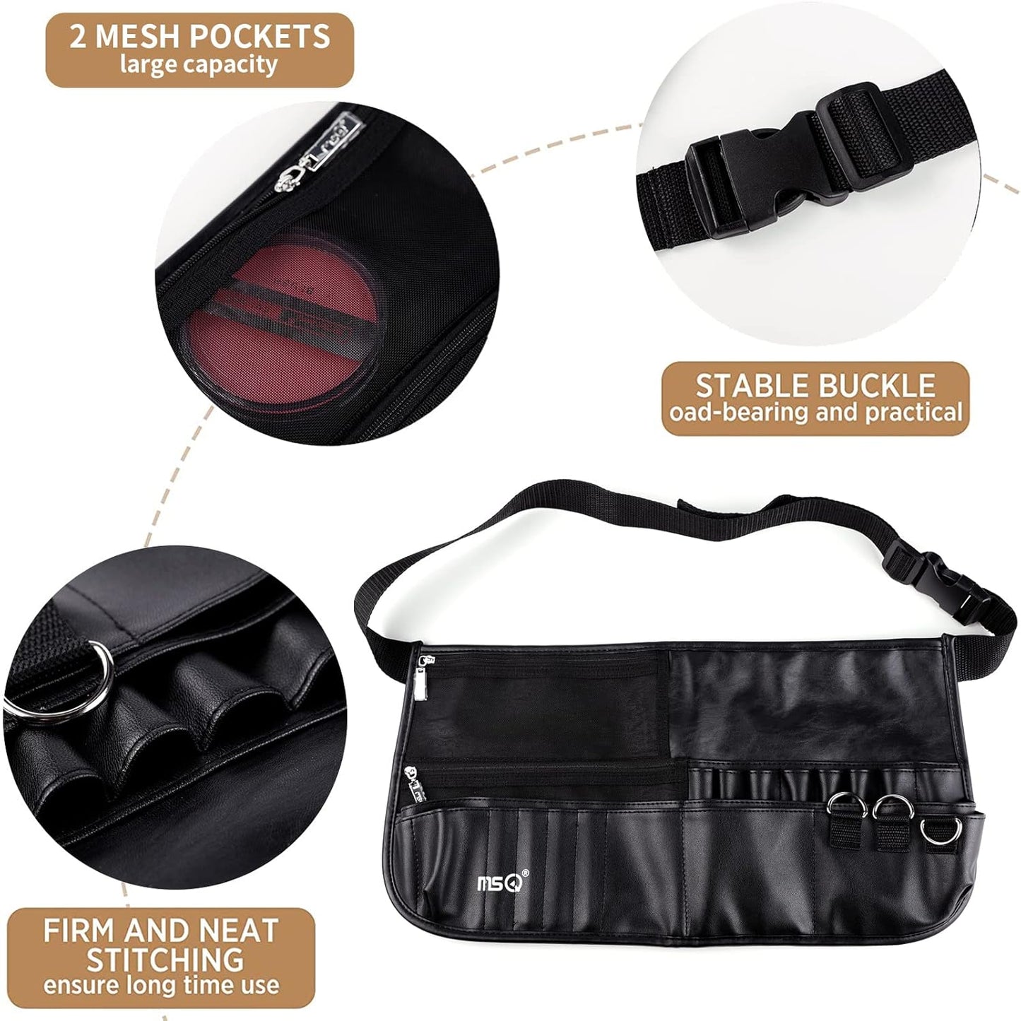 MSQ Makeup Brush Bag with Belt Cosmetic Brush Pouch Holder Organizer Multi Pocket Apron Pack with Adjustable Artist Belt Strap Large Capacity Great for Artist/Fashion Stylist (Brush Not Included)