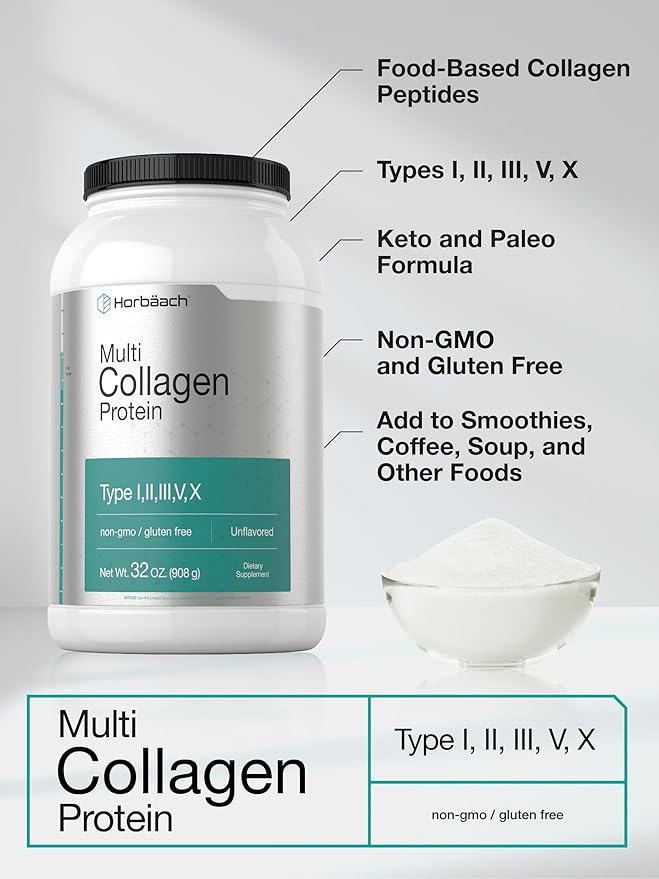Horbaach Multi Collagen Protein Powder 32 oz | Type I, II, III, V, X | Hydrolyzed Collagen Peptides | Keto & Paleo Friendly | Unflavored & Gluten Free