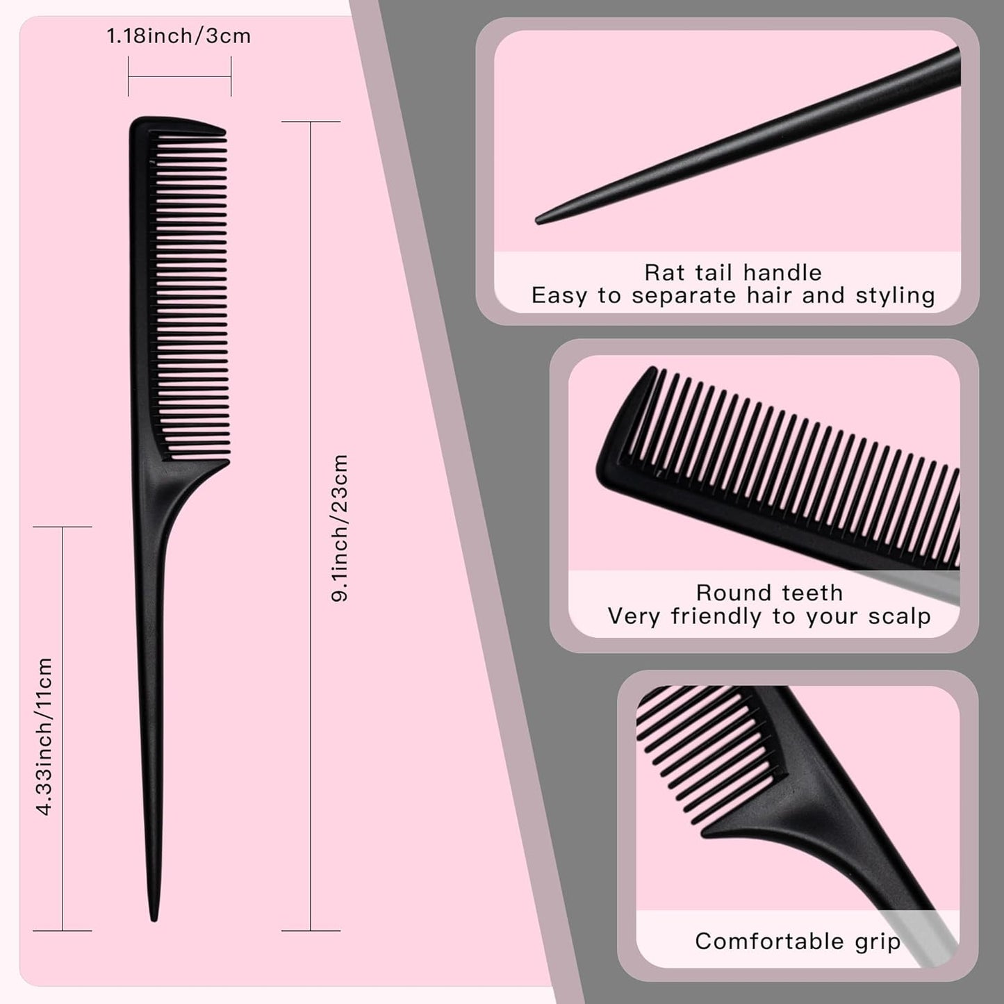 4 Pcs Rattail Combs for Women -Fine Tooth Styling Comb with Ergonomic Handle, Anti-Static Heat-Resistant Professional Hair Parting Tools for Smooth Detangling, Updos & Salon-Perfect Hairstyles.
