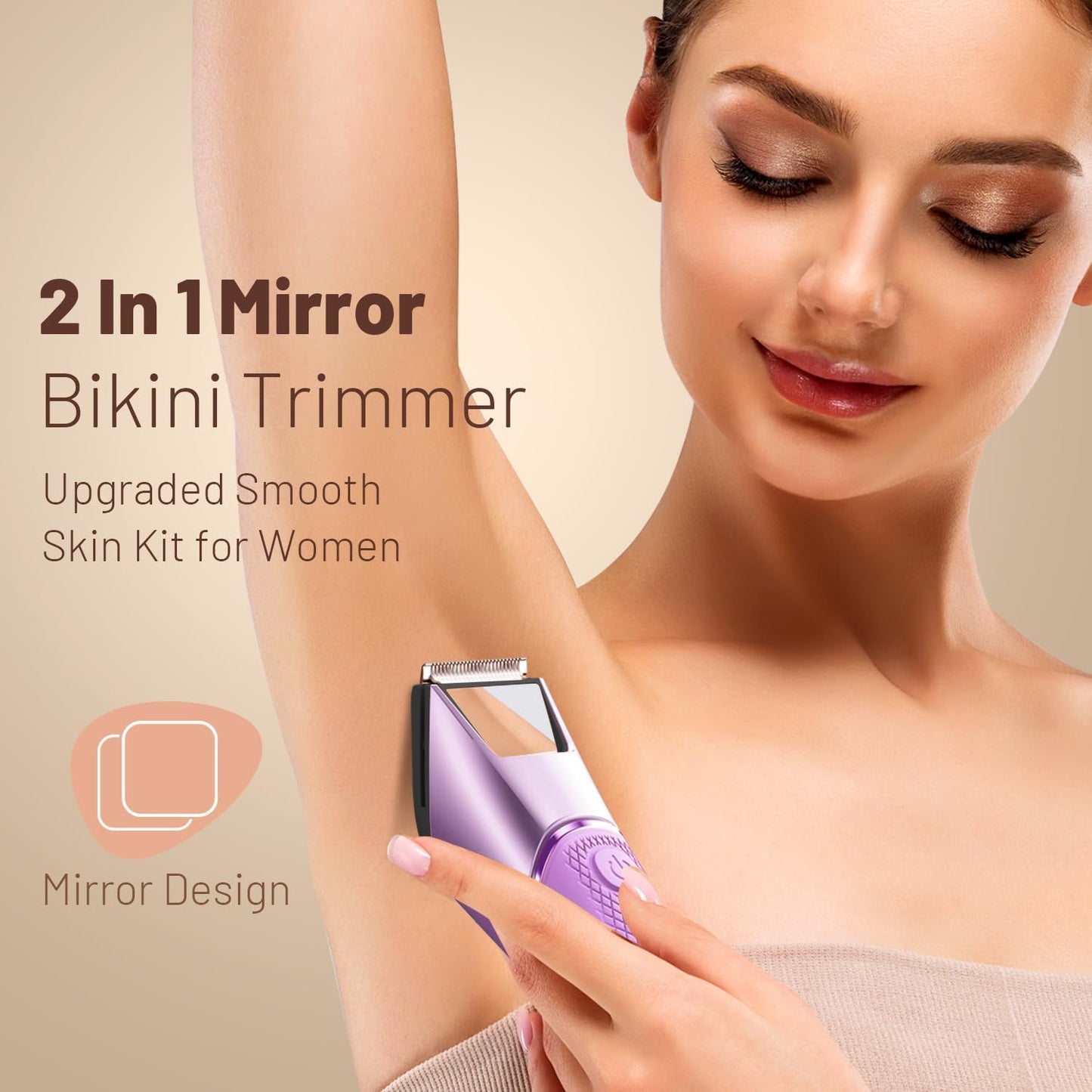 Bikini Trimmer for Women: Pubic Hair Razor with Mirror & LED Light, Electric Shaver with Ceramic Blades & Travel Lock - Body Groomer IPX7 Waterproof Use for Legs/Arm/Underarm - Purple