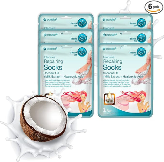 Epielle Intensive Repairing Foot Masks, 6 Pairs Moisturizing Socks for Dry, Cracked Feet, Hydrate and Repair Skin with Coconut Oil and Milk Extract, Korean Skincare, Easter Gifts, Mother's Day Gifts