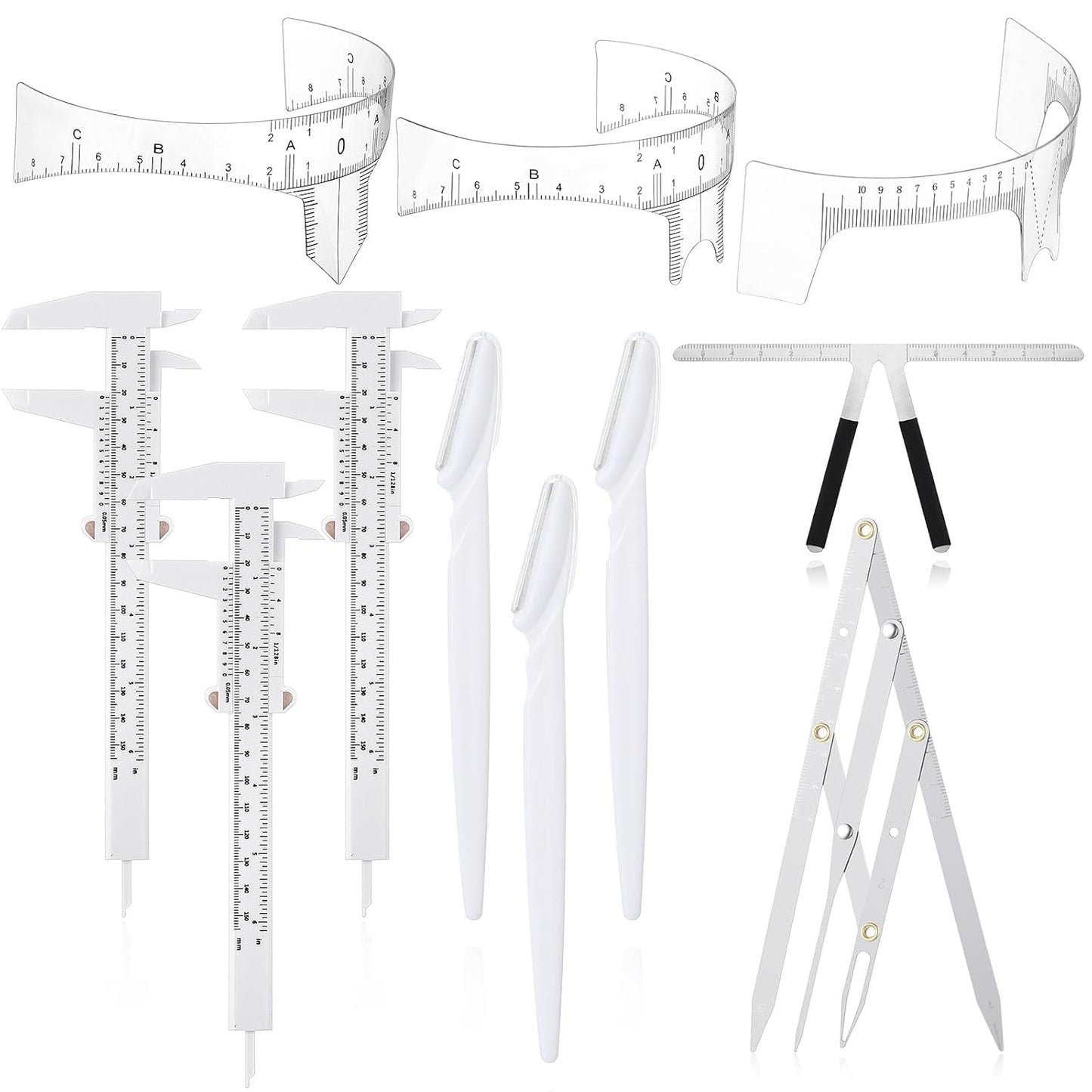 Konohan 11 Pcs Eyebrow Mapping Kit Eyebrow Shaping Tools Eye Brow Measuring Ruler Double Scale Vernier Caliper 3 Point Positioning Ruler Golden Ratio Caliper Brow Trimming Knives(White)