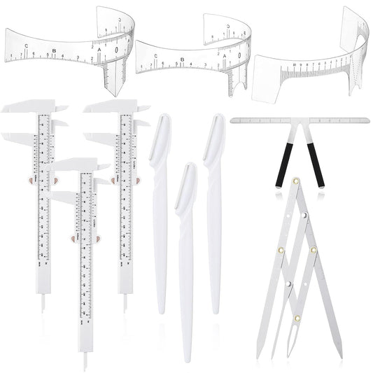 Konohan 11 Pcs Eyebrow Mapping Kit Eyebrow Shaping Tools Eye Brow Measuring Ruler Double Scale Vernier Caliper 3 Point Positioning Ruler Golden Ratio Caliper Brow Trimming Knives(White)