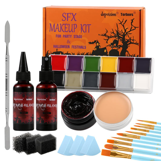Depvision SFX Makeup Kit Halloween Makeup Set Professional Face Body Paint Special Effects Makeup Set with Fake Blood Scar Wax Oil Body Paint Sponges Brushes for Halloween Party SFX Cosplay