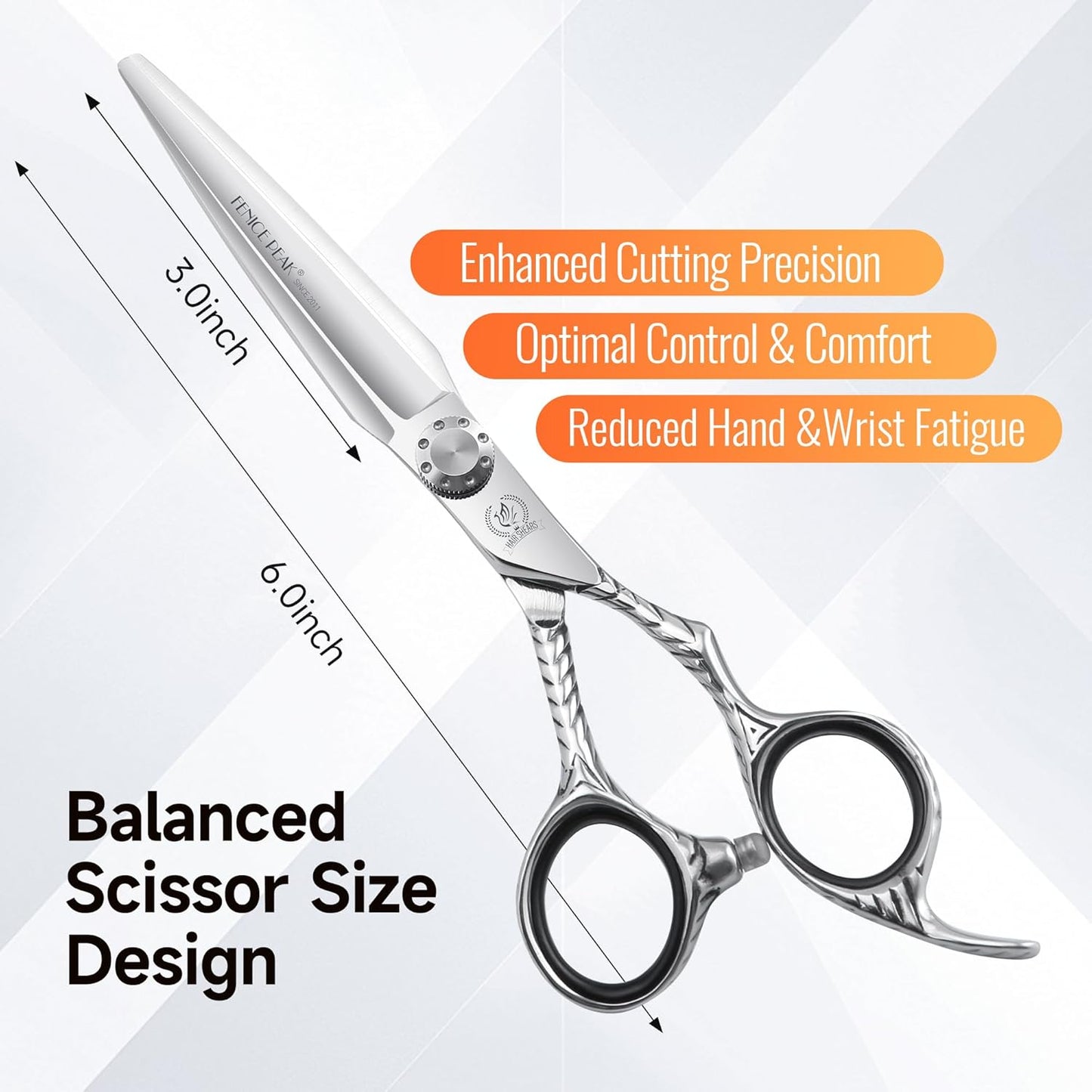 Fenice Peak Straight Hair Cutting Scissors 6.0'' Barber Haircut Shears with Sharp Razor Edge 440C Hair Scissors with Engraving Handle for Salon and Home User