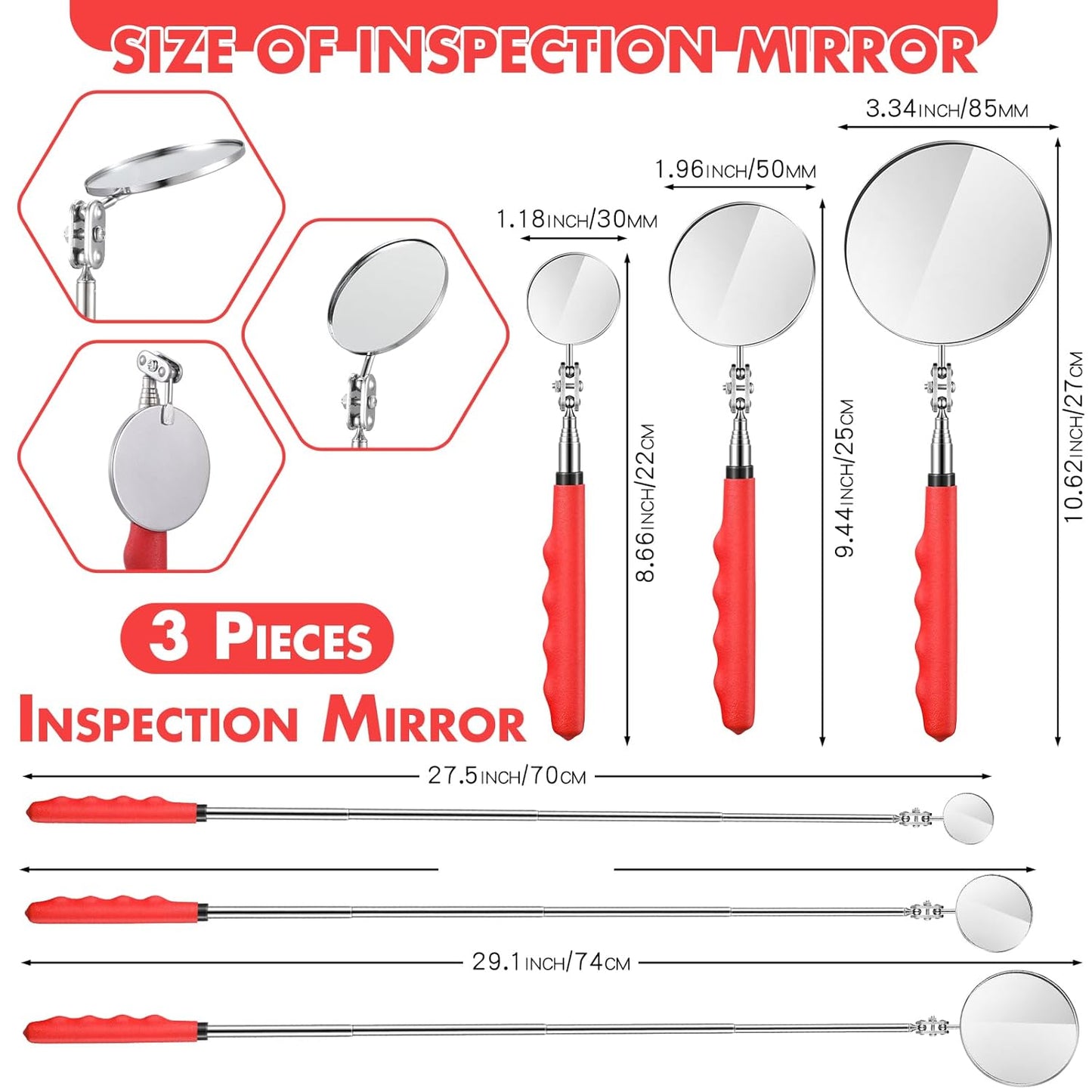 3 Pieces Telescoping Inspection Mirror Stainless Steel Extendable Mechanic Mirror with Long Handle Tool for Technicians Mechanics Contractors Eyelashes Mouth and Other Small Parts(Red)
