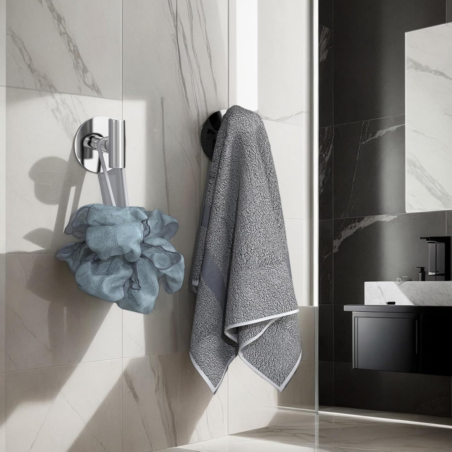 Heavy Duty Self-Adhesive Coat Hooks, Stainless Steel Towel Hooks for Bags, Towels, Robes, Hats, Aprons – No Drill Bathroom, Kitchen, Hotel Wall Hooks (2 Pack, Silver)