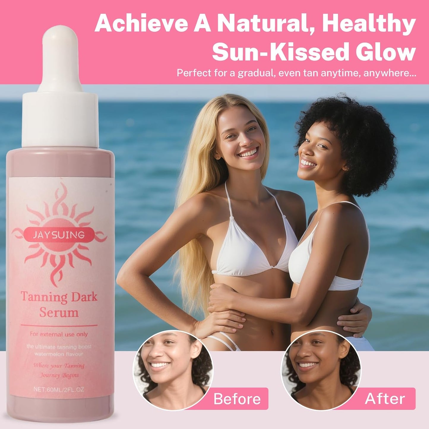 Earth Self Tanner -Get a Sun-Kissed Glow Instantly! Natural & Organic Ingredients, Tanning Dark Seryum - Watermelon Flavor, Ultra-Hydrating & Streak-Free, Natural-Looking Tan, for Face & Body 60ML