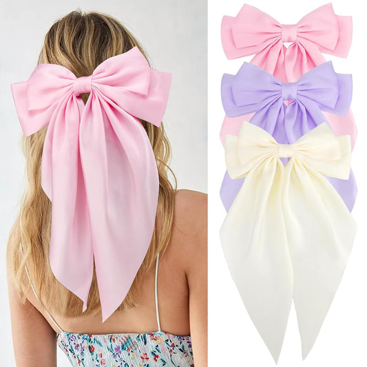 VELSCRUN 3Pcs Hair Bows for Women White Hair Bow Pink Hair Bow Purple Big Hair Bows Clips for Girls Silky Satin Large Hair Ribbons Oversized Long Tail Hair Bows Hair Barrettes Hair Accessories Gifts