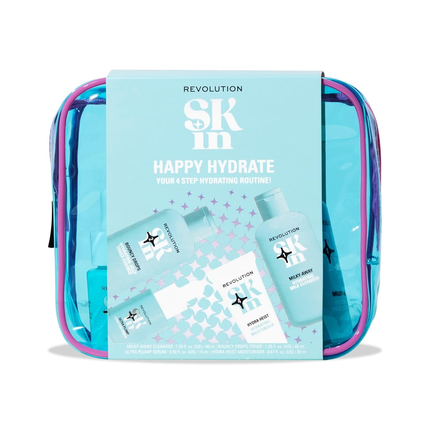 Revolution Skin, Happy Hydrate 4 Step Starter Kit, Hydrating Skincare Set with Cleansing Milk, Essence, Serum & Moisturizer, Vegan & Cruelty-Free, 4 Mini Products