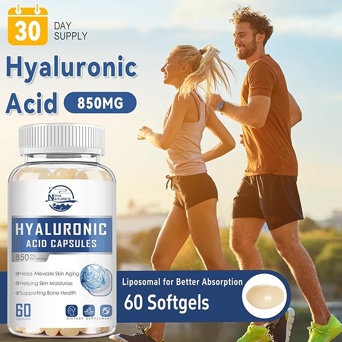 Nature's live Hyaluronic Acid Supplements, 850mg High Bioavailable Dietary Hyaluronic Acid Capsules, Double Strength Joint Lubrication, Skin Hydration, Hair & Nails Support, 60 Softgels, 2 Pack