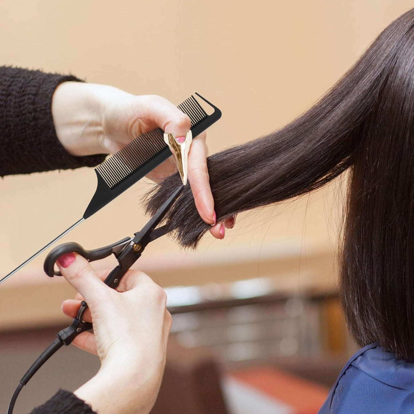 17 Pieces Hair Parting Tools Set Heart, Included 8P Hair Parting Ring 2P Metal Rat Tail Comb 6P Hair Sectioning Clip with 1P Magnetic Wrist Sewing Pin Holder for Braiding (Black)