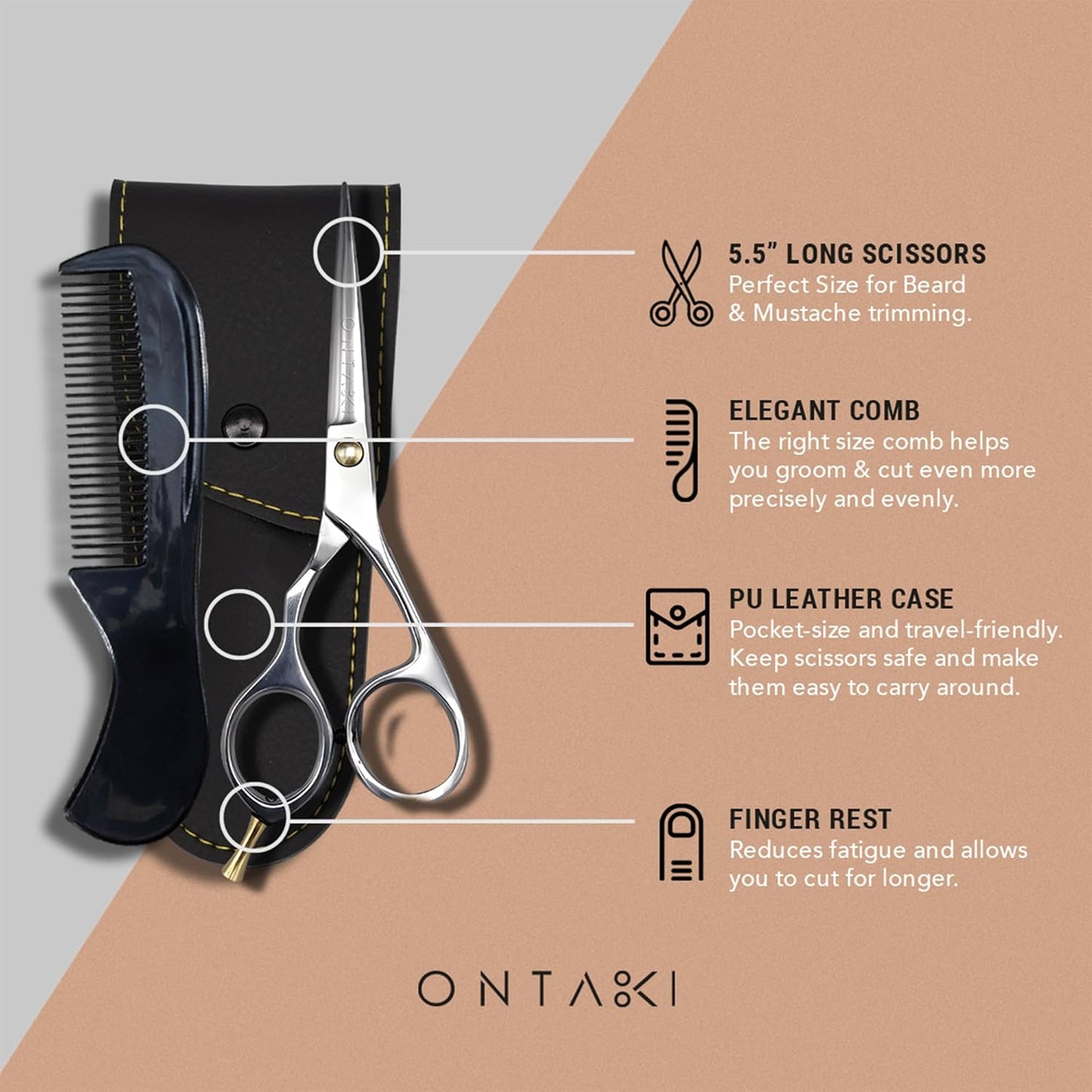 Ontaki 5.5-Inch Japanese Mustache & Beard Scissors - Left-Handed Silver 420C Steel - Hand-Forged & Left-Handed Beard Shears - Ergonomic & Hair Scissors - Comb & Pouch & Barber Shears for Facial Hair