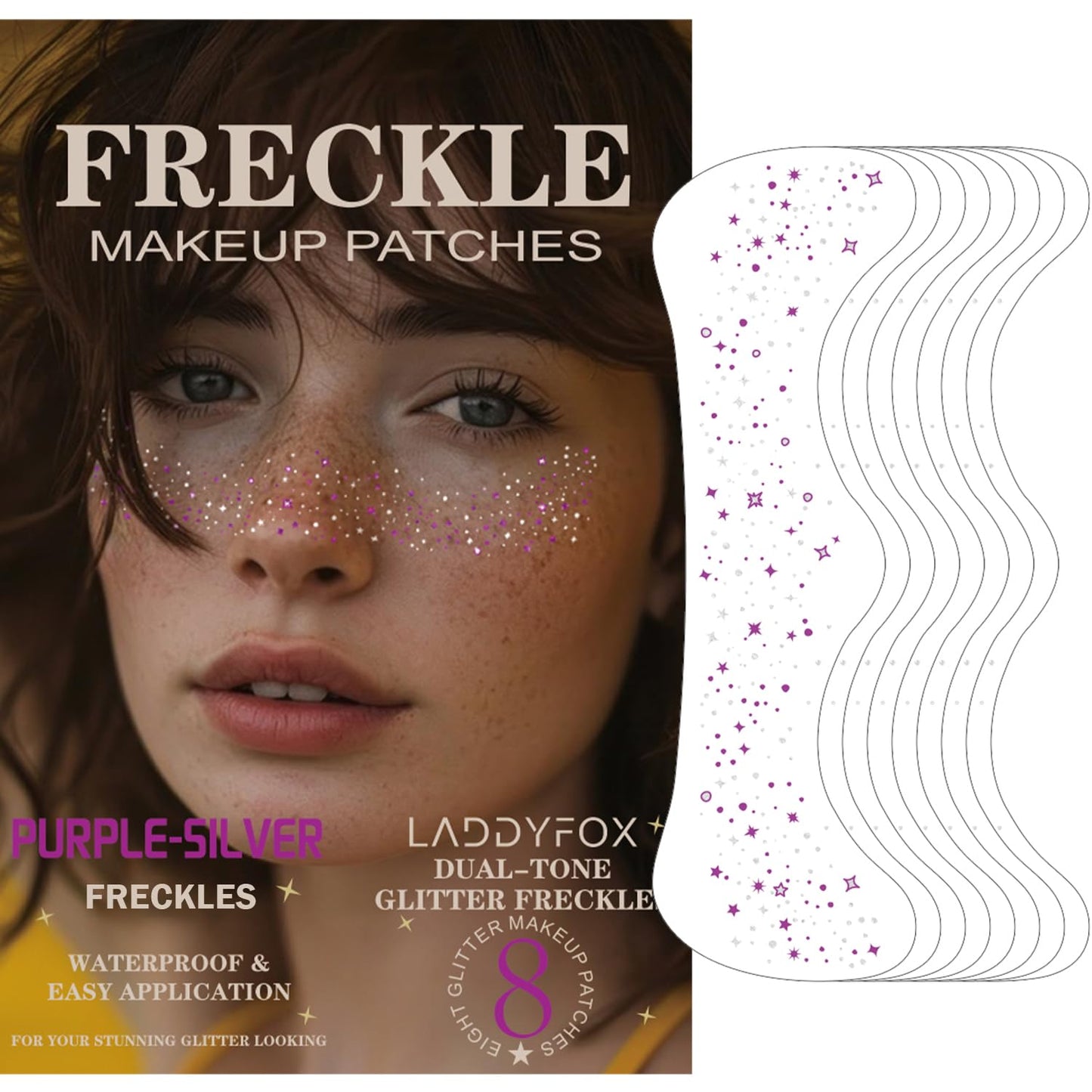 8 Pcs Purple and Silver Face Makeup Patches, Purple & Silver Glitter Freckles Face Tattoo, Halloween Glitter Freckles, Sparkle Makeup Patches, Waterproof Face Glitter Speckles Patches for Women