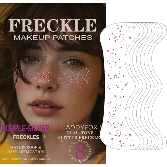 8 Pcs Purple and Silver Face Makeup Patches, Purple & Silver Glitter Freckles Face Tattoo, Halloween Glitter Freckles, Sparkle Makeup Patches, Waterproof Face Glitter Speckles Patches for Women