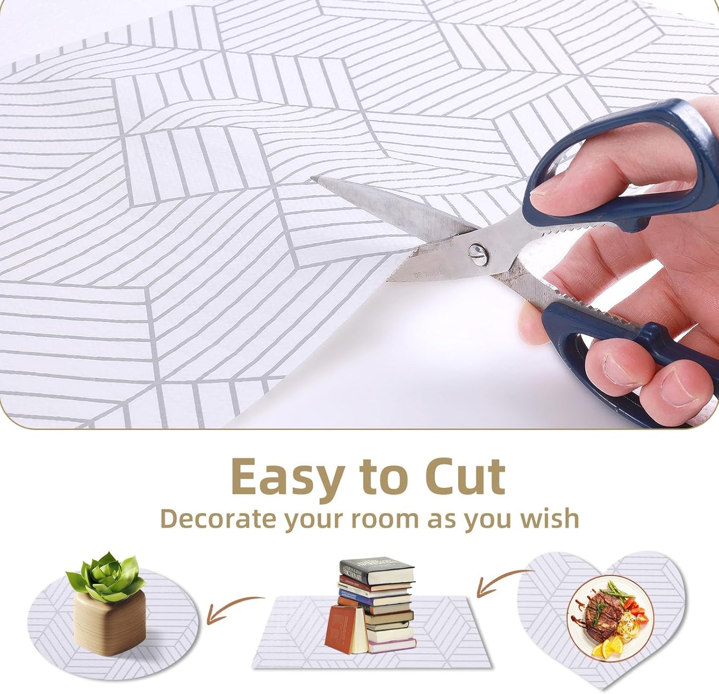 Shelf Liners for Kitchen Cabinets 12in x 20FT, Non Adhesive Cabinet Liner Strong Non-Slip Thickened Silver Geometric Easy to Clean for Shelf, Cabinet, Refrigerator with Knife and Tape Measure