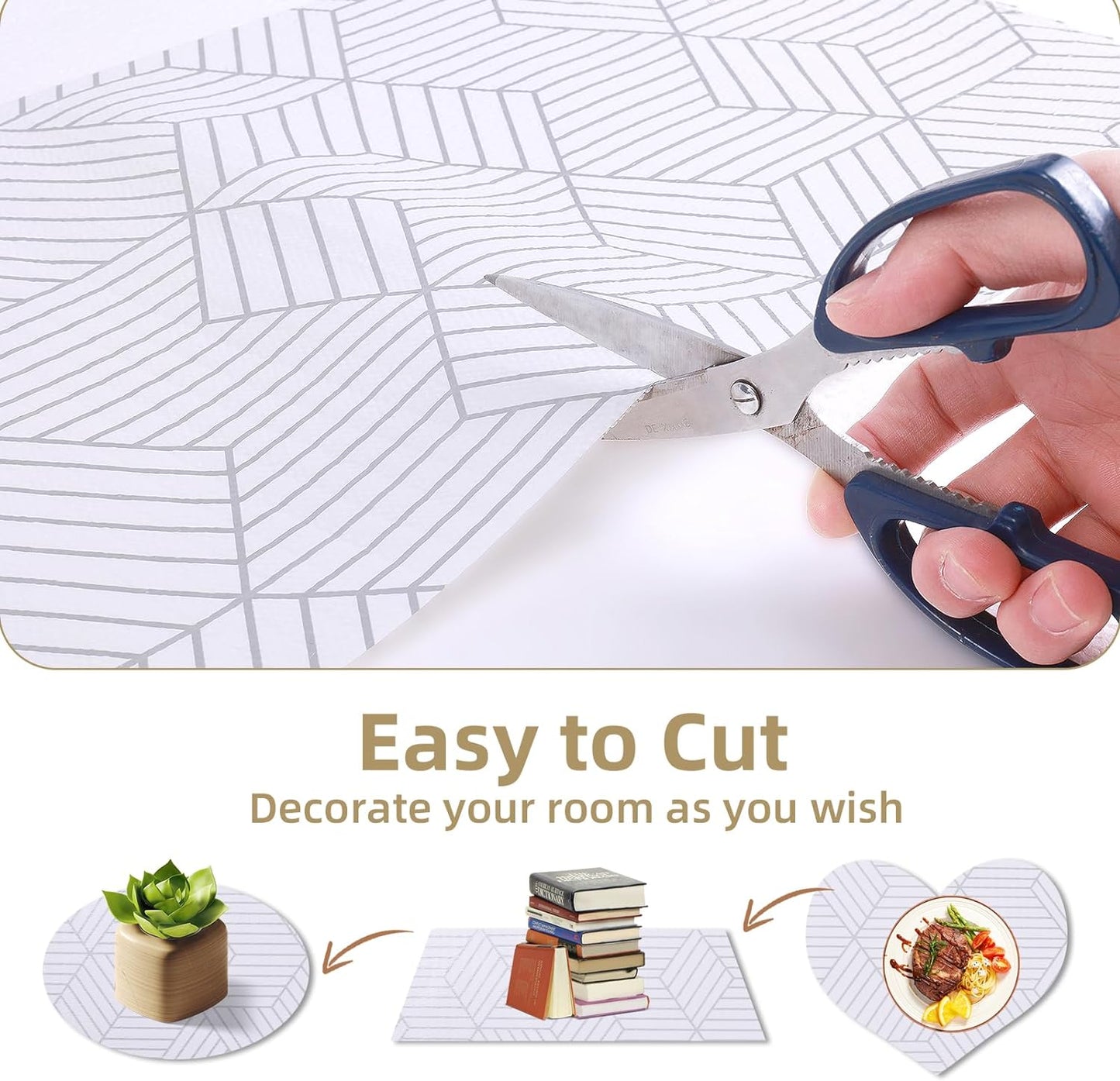 Shelf Liners for Kitchen Cabinets 24in x 20FT, Non Adhesive Cabinet Liner Strong Non-Slip Thickened Silver Geometric Easy to Clean for Shelf, Cabinet, Refrigerator with Knife and Tape Measure