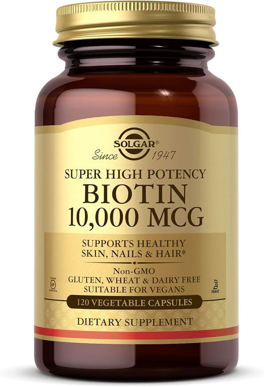Solgar Biotin 10000 mcg Vegetable Capsules Energy Metabolism Promotes Healthy Skin Nails Hair Super High Potency NonGMO Vegan Gluten Free Dairy Free Kosher Servings, Standard Packaging, Unflavored, 120 Count