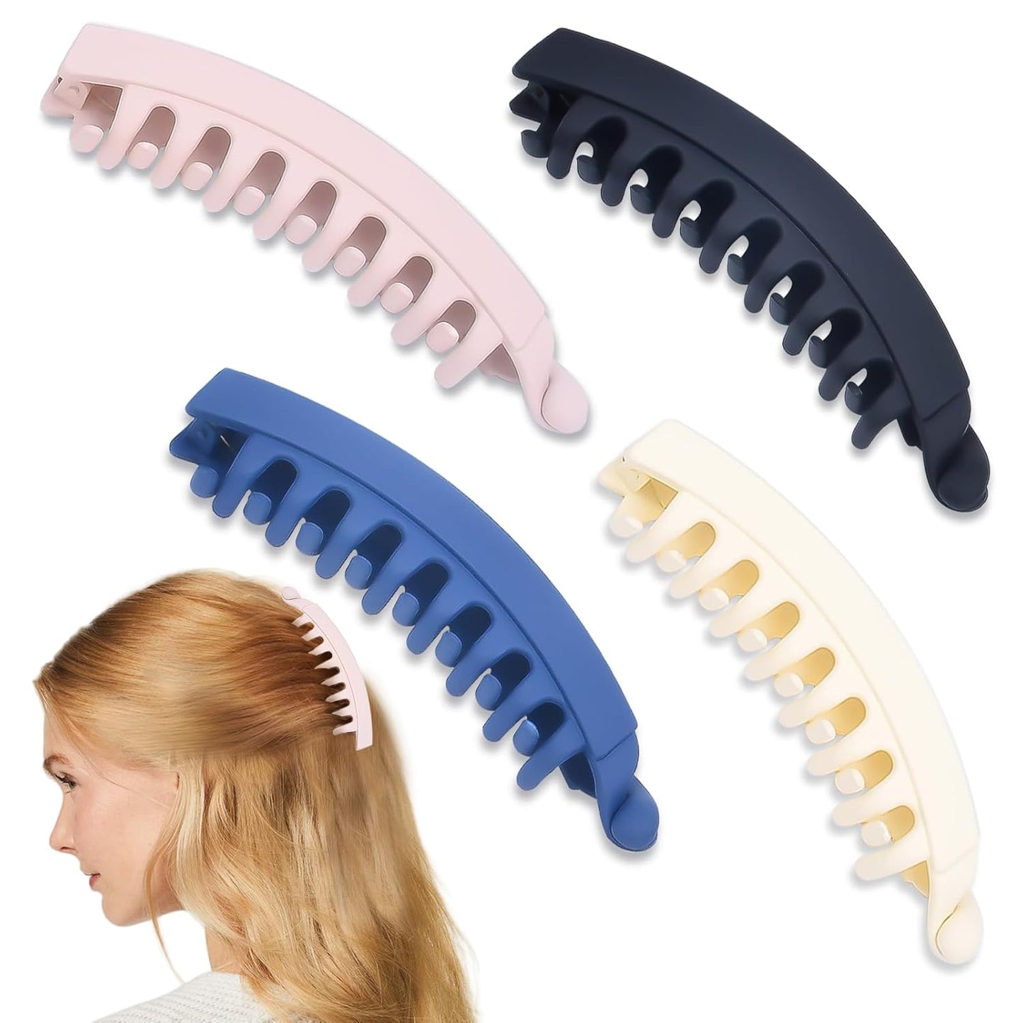4PCS Banana Hair Clips, 5.2" Large Hair Claws for Women, Claw Clips for Thick Hair&Thin Hair, Hair Styling Accessories（Black & Light Coffee & Blue & White）