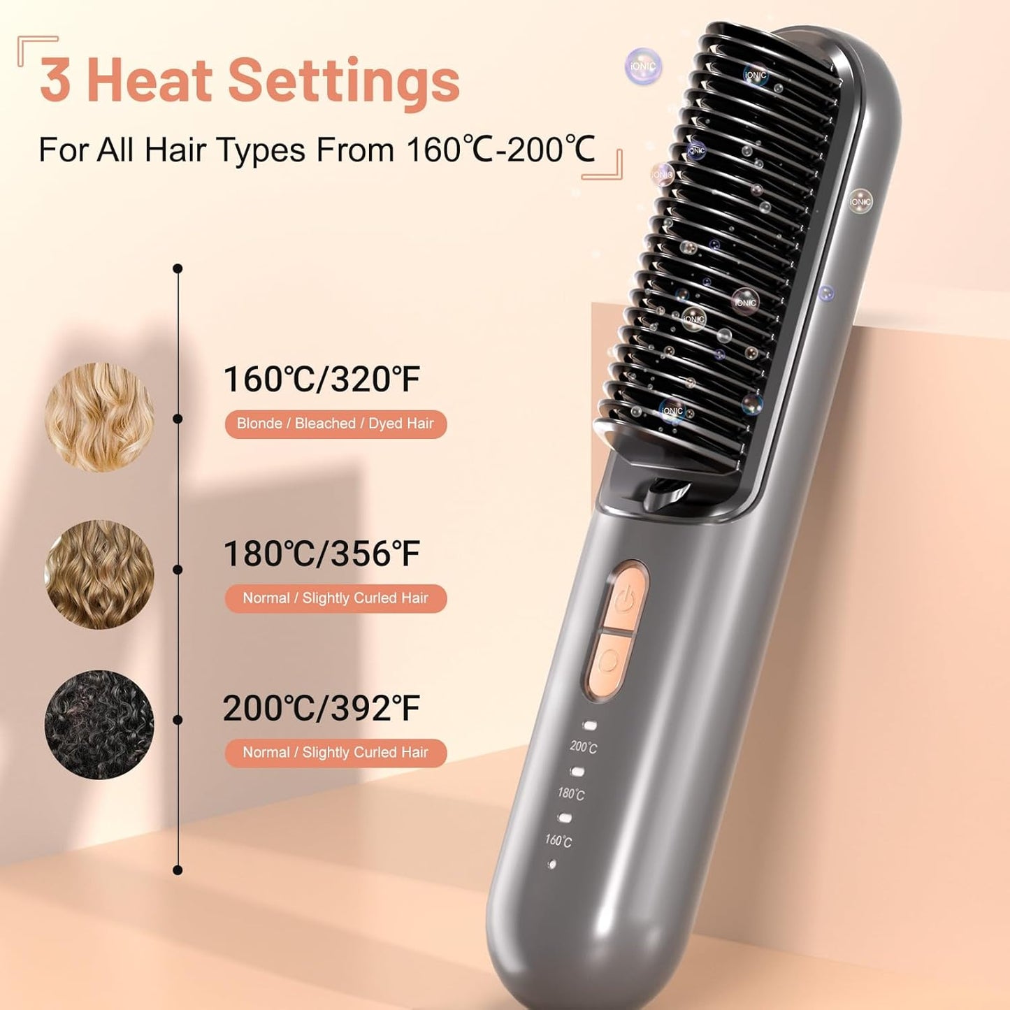 Cordless Hair Straightener Brush Portable Mini USB-C Hair Straightening Comb Anti-Scald Rechargeable Hot Hair Dryer Straightener Brush for Girls Women for Travel Styling