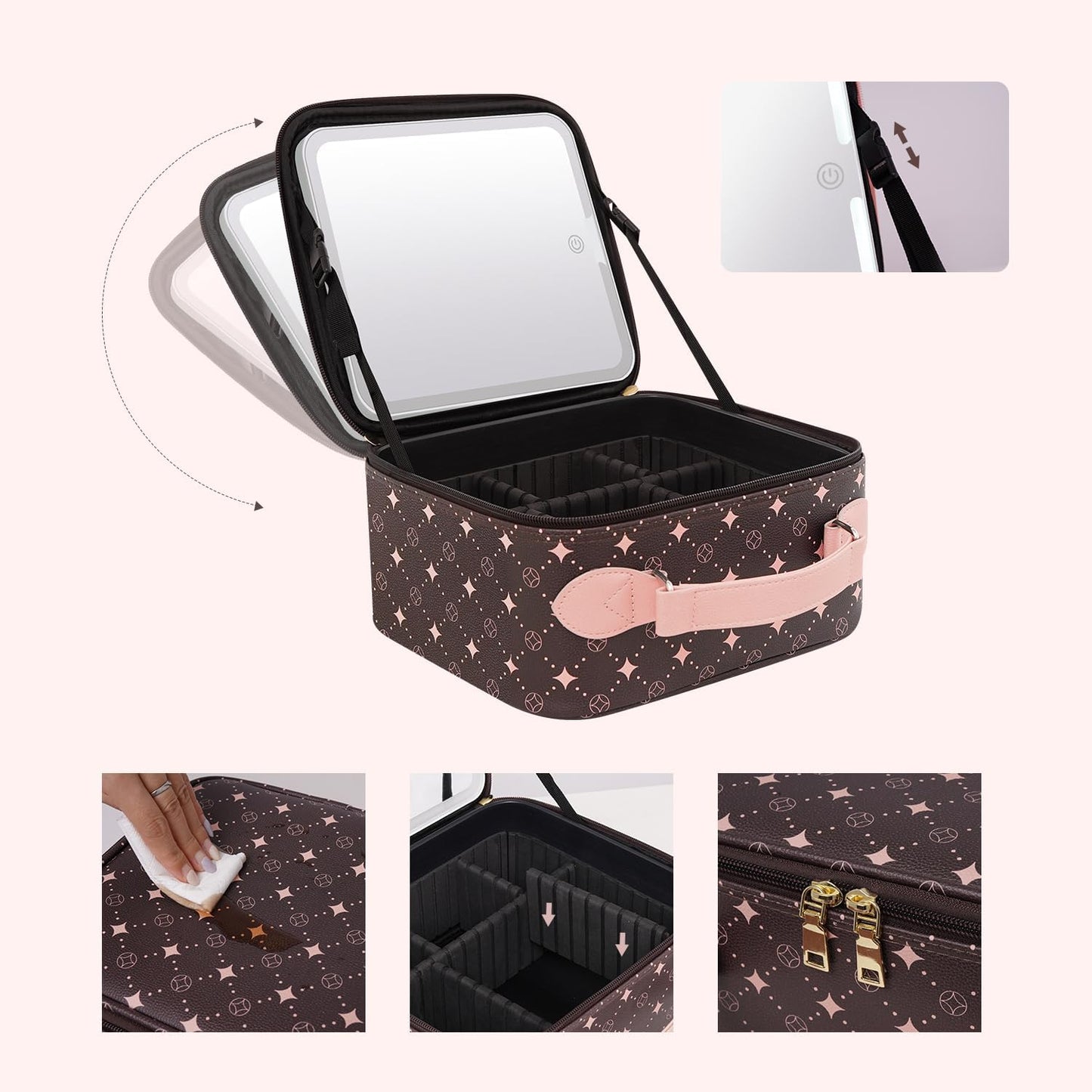 Travel Makeup Bag With 360° rotating LED Mirror,Waterproof cosmetic organizer,Portability Cosmetic case,Makeup organizer,Gift for Women,Girls Gift (Coffee + Pink)
