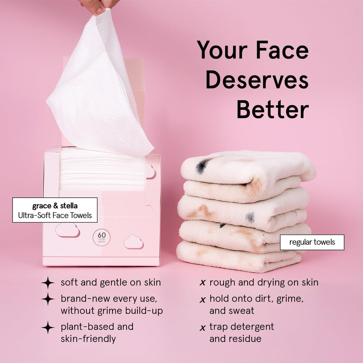 grace & stella Disposable Face Towels - Travel Essentials - Ultra-Soft & Absorbent Face Wipes Towelettes - XL Facial Towels for Cleansing & Makeup Removal - Lint-Free Facial Tissue - Vegan (60 Count)