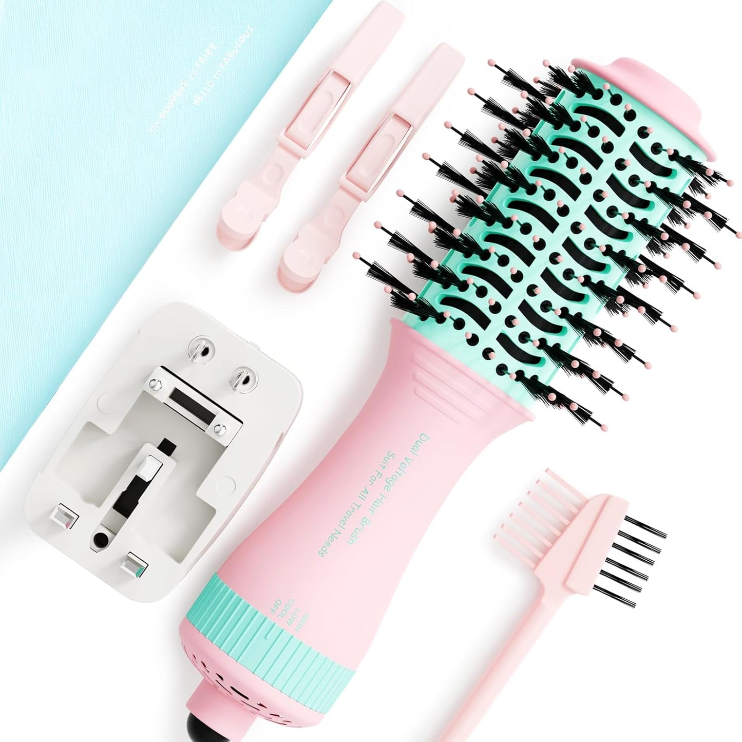 Dual Voltage Travel Dryer Styler in One, 2 Inch Oval Jet Brush for Worldwide Use, 110-240V European Hair Dryer & Volumizer with Universal Adapter
