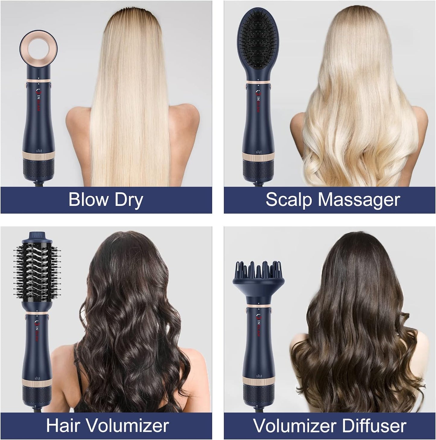 Hair Dryer Brush Set, IG INGLAM 4 in 1 Blowout Brush, Negative Ion Detachable Hair Dryer & Styler Volumizer Hot Air Hair Dryer Brush with 2 Styling Brush Heads, Prussian Blue