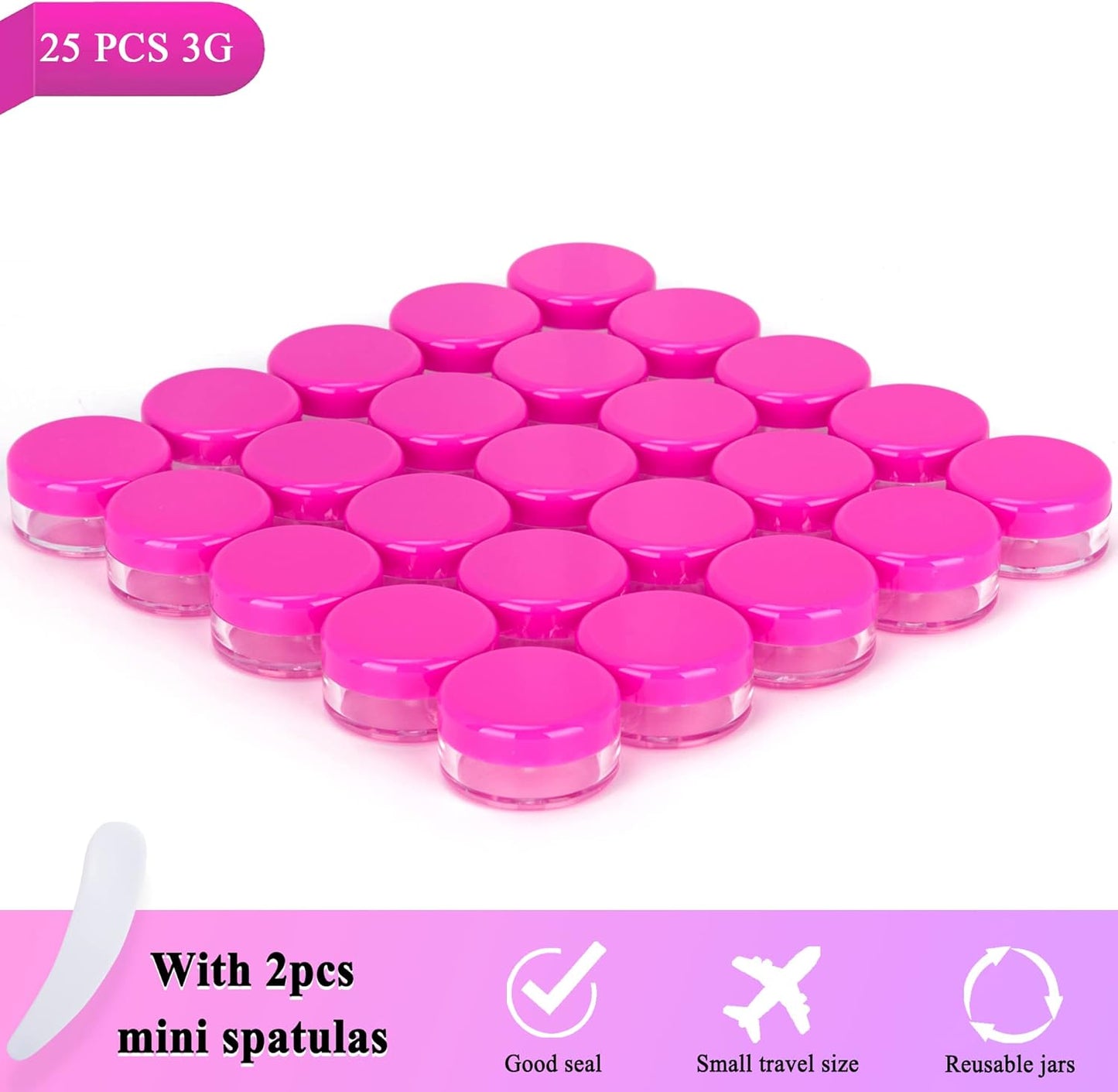 25PCS 3 Gram Sample Containers, 3ml Empty Jars with Lids, Small Cosmetic Containers, Mini Sample Jars with 2PCS Mini Spatulas for Make Up, Oils, Lotion, Powder, Paint, Jewelry, Lip Balms(Pink Lid)