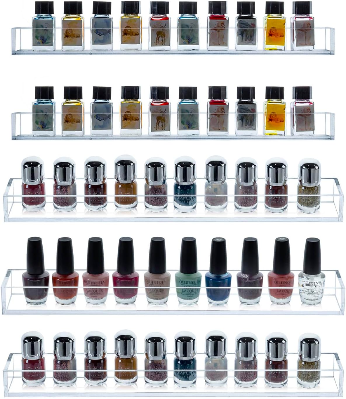 MyGift 16 Inch Wall Mounted Premium Clear Acrylic Nail Polish and Essential Oil Display Shelves, Kitchen Hanging Racks for Seasoning Shakers or Spice Jars, Set of 5