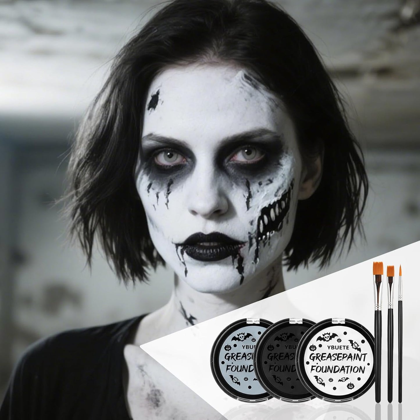 Black White Grey Oil Based Face Paint Kit with Painting Brushes, Professional Full Coverage Greasepaint Halloween Face Painting Kit for Adult Cosplay Skeleton Monster Carnival Makeup