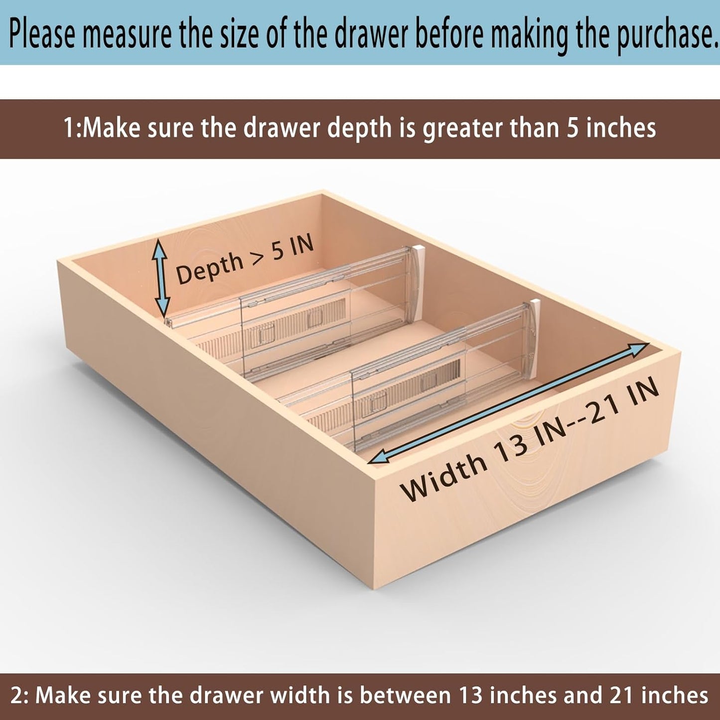 8 Pack Adjustable Drawer Dividers for Clothes,5" High Expandable From 13-21" Clear Drawer Organizers, PC Plastic Separators for Dresser/Bedroom/Bathroom/Kitchen/Office Storage