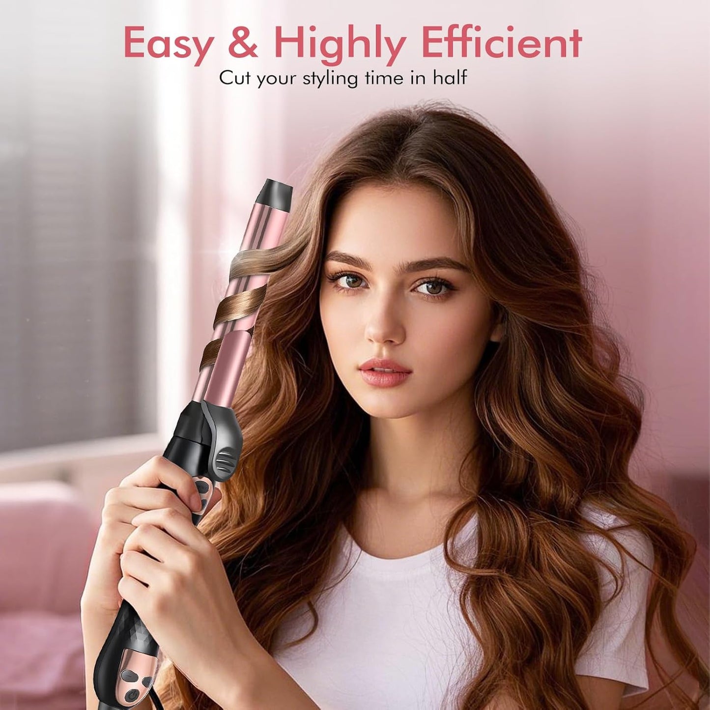 Automatic Rotating Curling Iron 1-Inch - Self-Curl for Beach Waves & Thick Hair, Adjustable Temp 250°F-430°F + Dual Voltage Travel Iron - Salon Results for Beginners (Rose Gold)