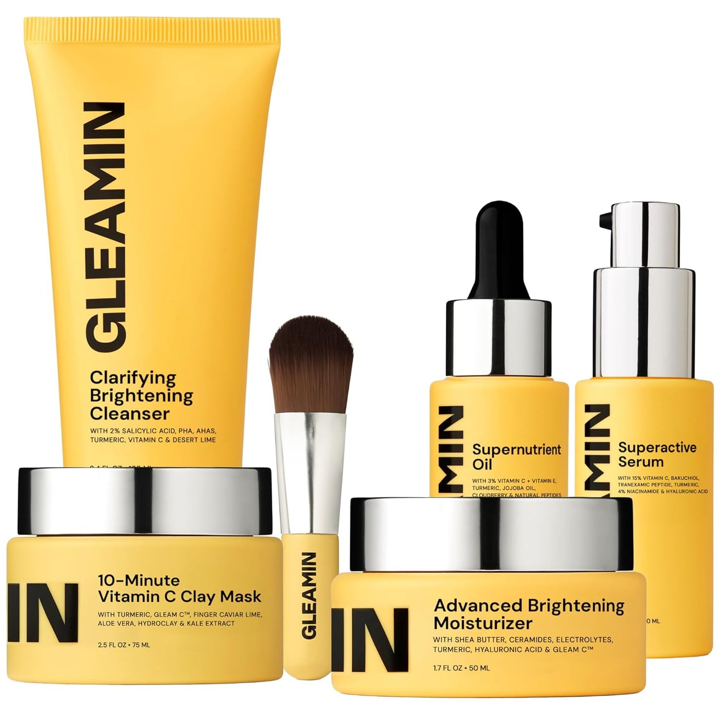 Gleamin Brightening Skincare Bundle – Mask, Serum, Cleanser, Moisturizer & Oil for Dark Spots, Uneven Tone, and Glowing Skin – Complete Vitamin C Skincare Routine