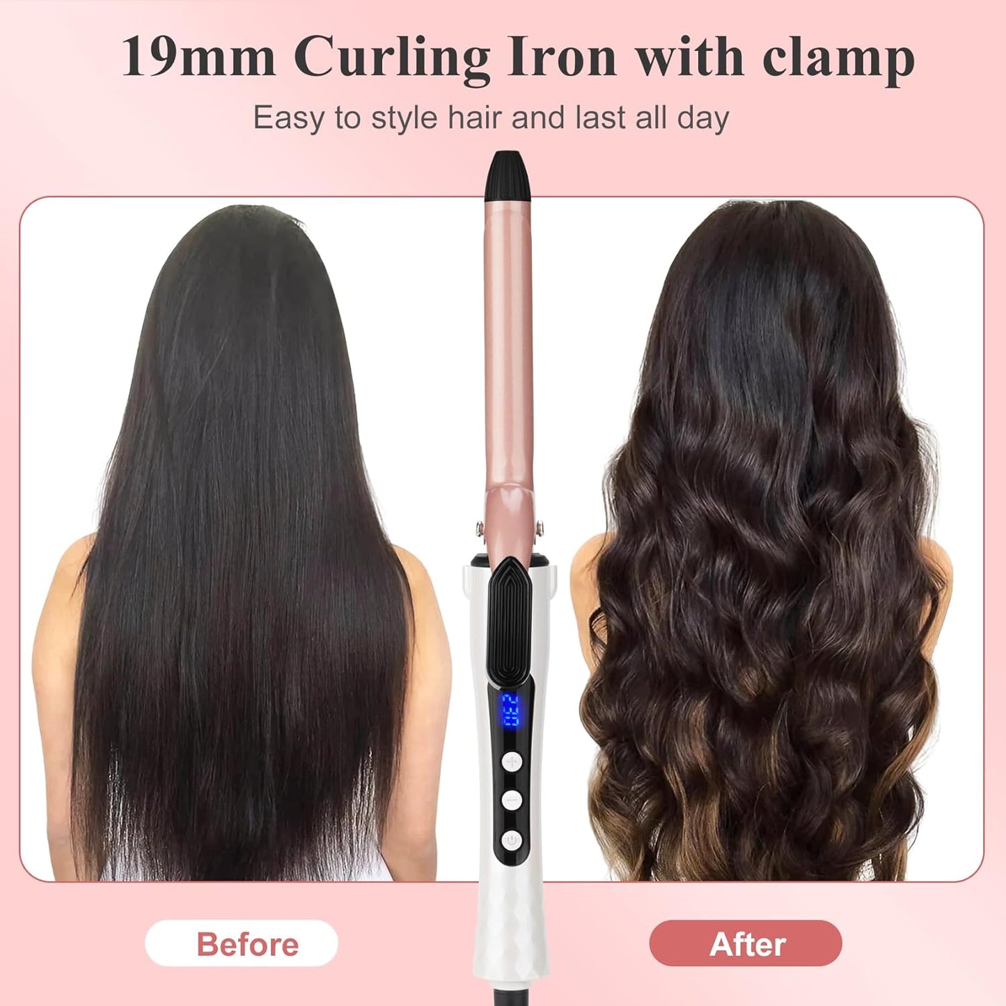 Curling Wand 19mm Professional Ceramic Hair Curling iron with clip for Short to Long Hair Styler Curler, Digital display, Hair Curler Wand with Glove, Dual Voltage