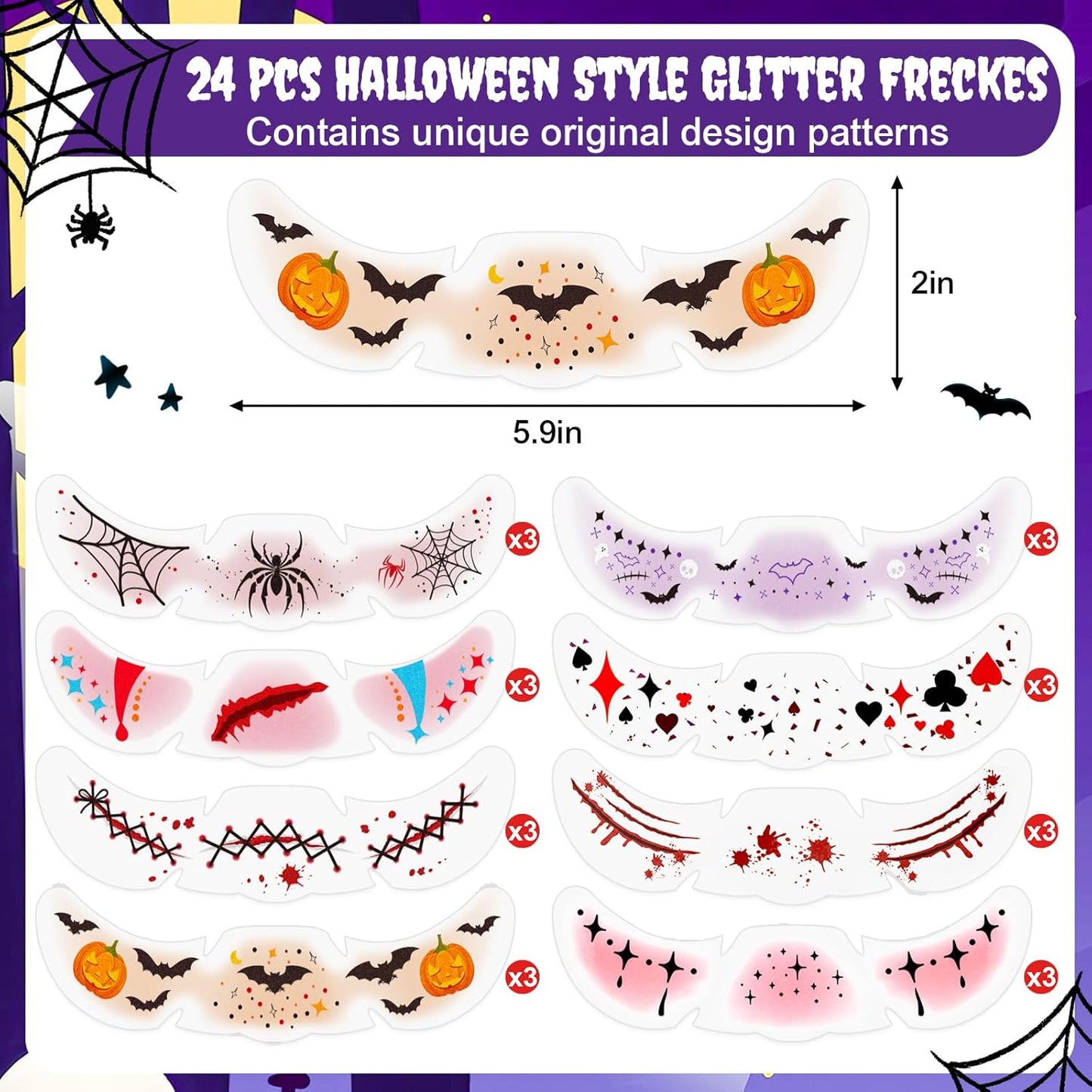 24pcs Halloween Freckles Makeup Patches Face Glitter Speckles, Costumes for Women, Halloween Temporary Face Tattoo Glitter Freckles, Halloween Accessories for Woman ＆ Kids