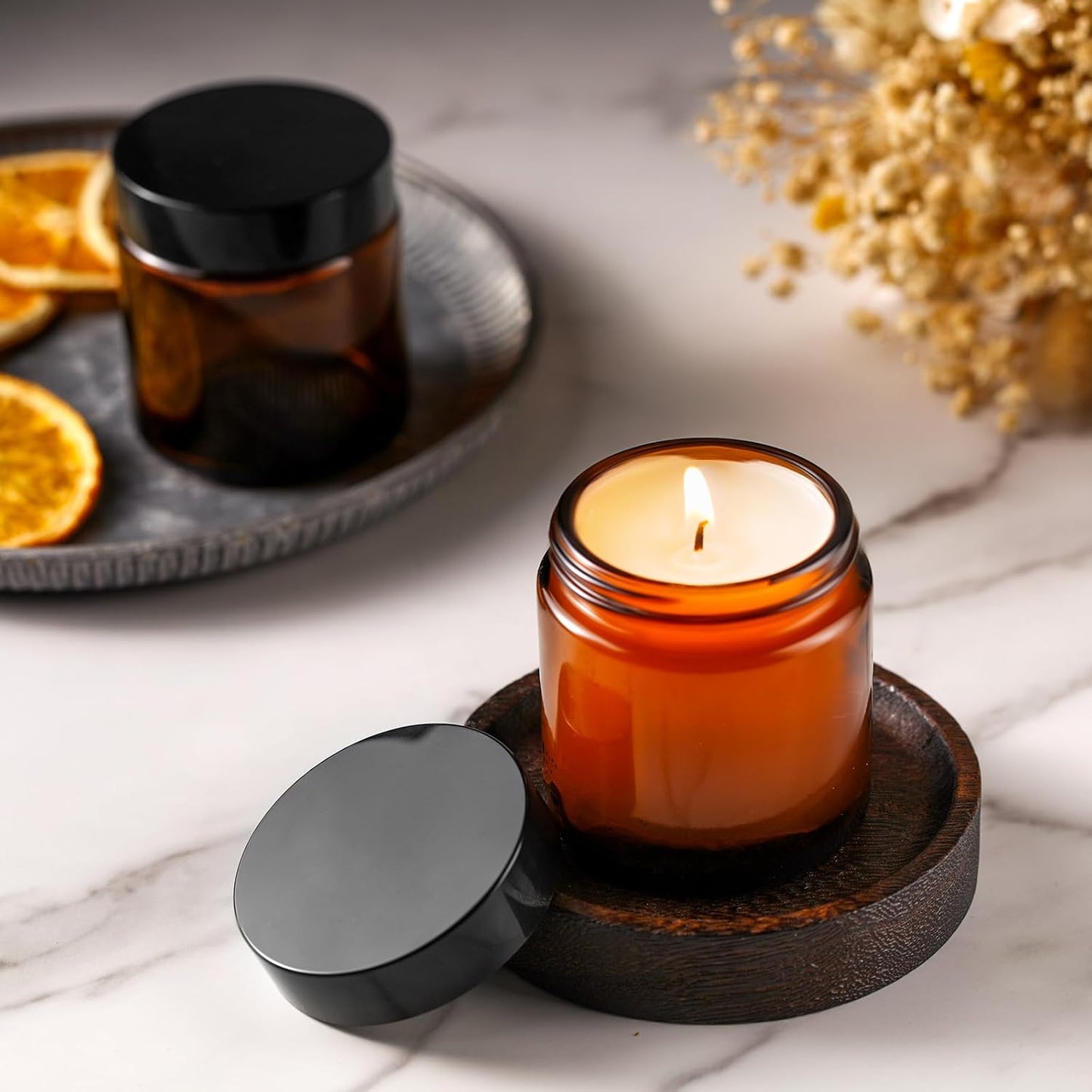 Norme 24 Pcs 4 oz Glass Jars with Lids Leakproof Round Airtight Empty Cosmetic Jars with Inner Liners Lid for Storing Lotions Powder Ointments Candle Making Tins (Black,Amber)