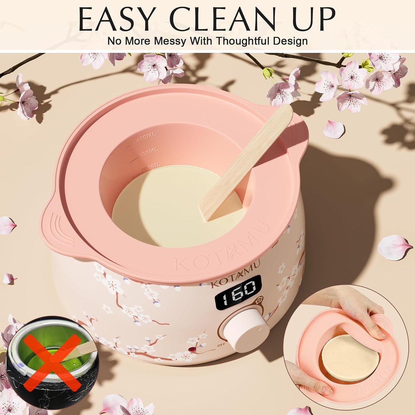 KOTAMU Waxing Kit for Women & Men, Wax Warmer for Hair Removal, Digital Wax Kit with Silicone Pot，Ideal for Face Eyebrow Arm Legs Armpit &Sensitive Skin, Waxing Machine for Home Salon Use- Cherry