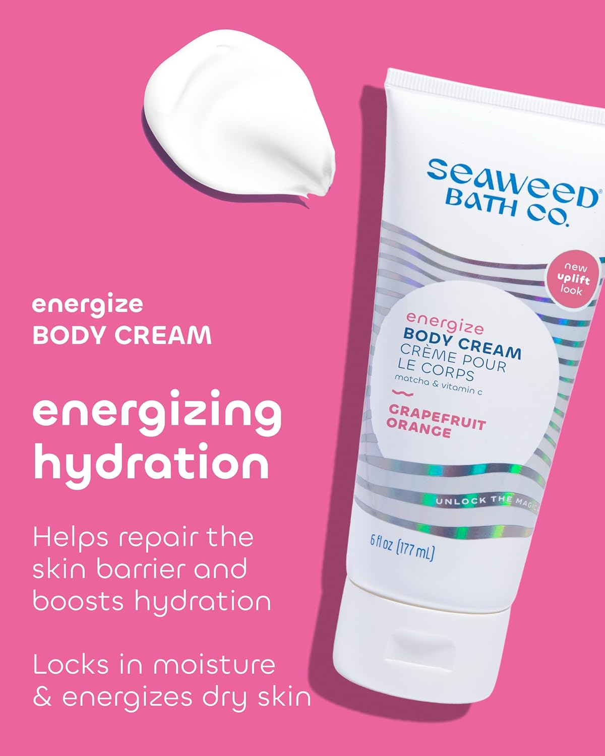 Seaweed Bath Co. Energize Body Cream - Grapefruit Orange | Hand and Body Lotion with Vitamin C, Hyaluronic Acid and Shea Butter | Invigorating Moisturizer For Dry Skin | 6 oz