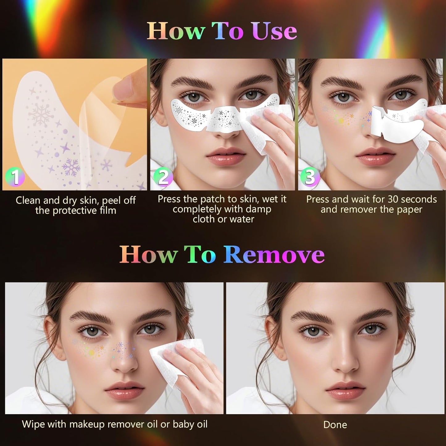 HyperFun 12Pcs Christmas Face Glitter Freckles, Glitter Freckles Face Tattoo Sticker, Holographic Multichrome Waterproof Sparkle Freckles Makeup Patches for Women Rave Festival Accessories Party Prom