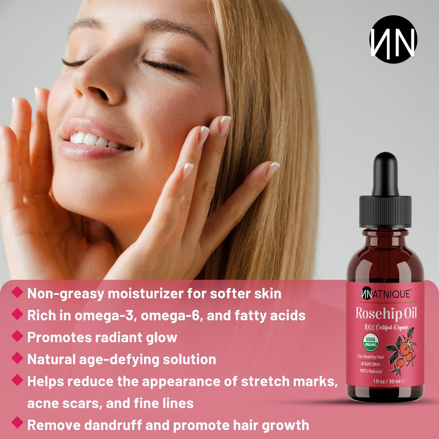 Natnique Organic Rosehip Seed Oil, 1 oz – USDA Certified Cold-Pressed Moisturizer for Face, Skin & Hair – Natural Hydrating Serum for Wrinkles & Fine Lines – Ideal for Gua Sha Massage & Radiant Glow