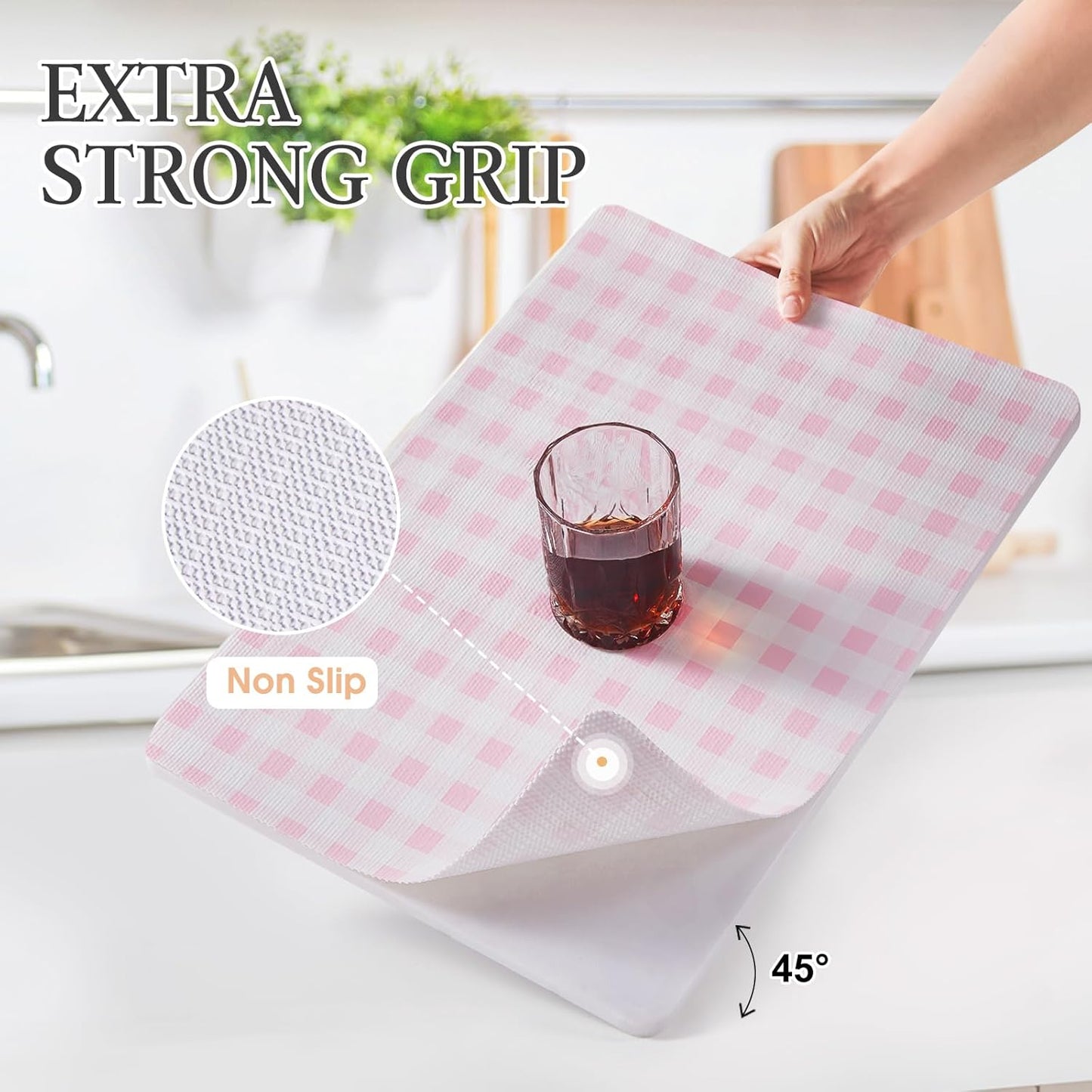 Beautysaid Shelf and Drawer Liner for Kitchen Cabinet, Non Adhesive Non Slip Shelf Paper Waterproof Washable Thickened for Dresser Pantry Shelve Bathroom Protector Liner(Pink Checkered,12 in x 20FT)