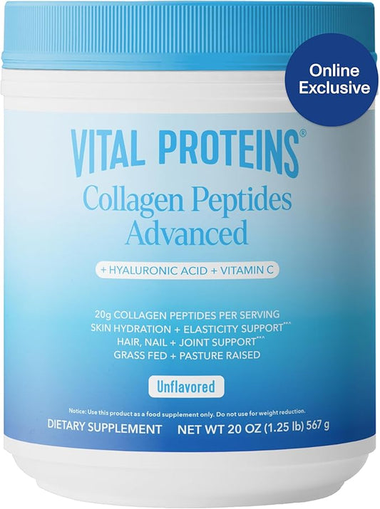 Vital Proteins Collagen Peptides Powder Advanced with Hyaluronic Acid & Vitamin C - 20oz Collagen Protein, Unflavored, 28 Servings