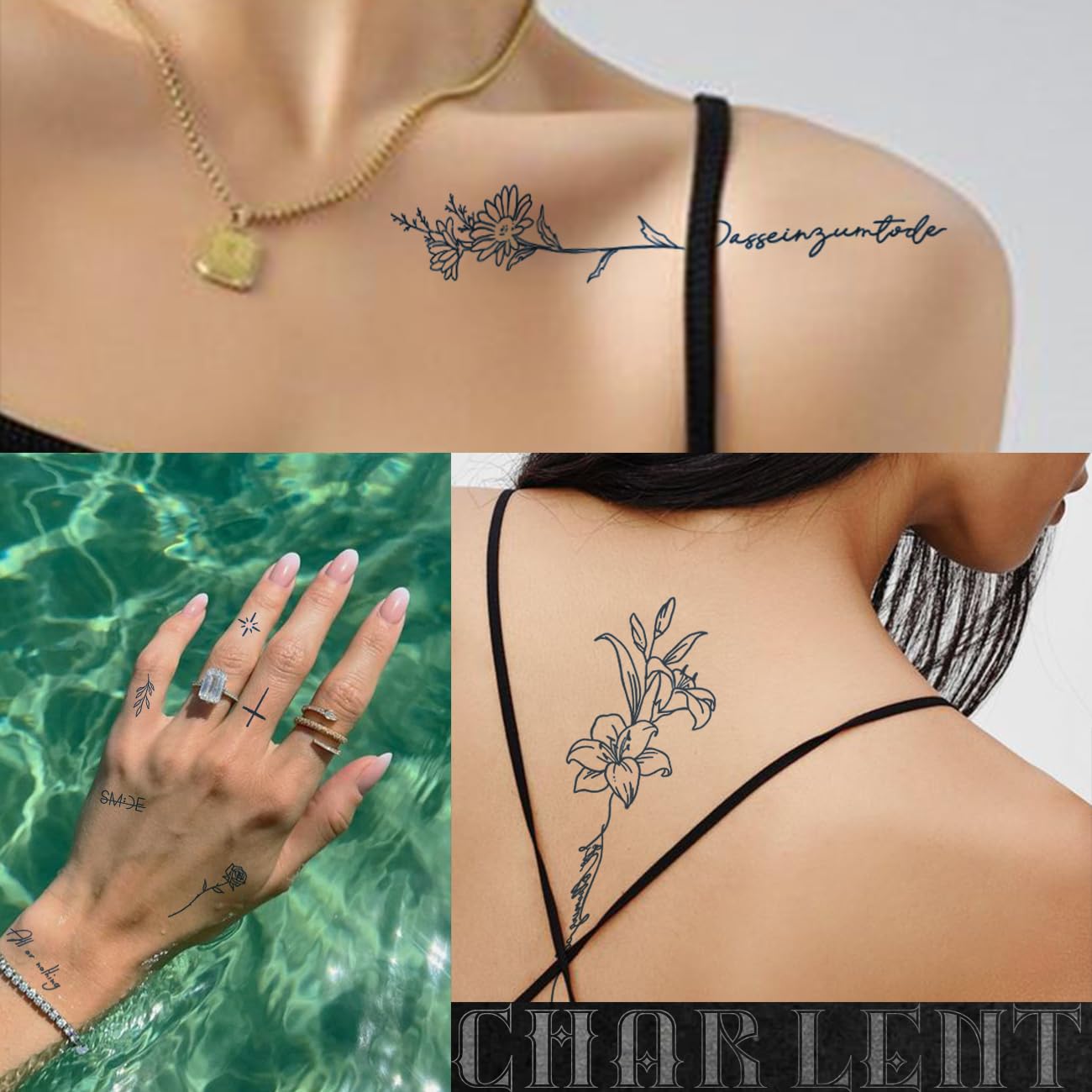 CHARLNET Semi-Permanent Tattoos for Adult - 2 Weeks Long Last Small Flower Words Tattoos for Women Men Hand Neck Body/Fades Naturally/No Reflection/Waterproof/Realistic, Minimal Line Art